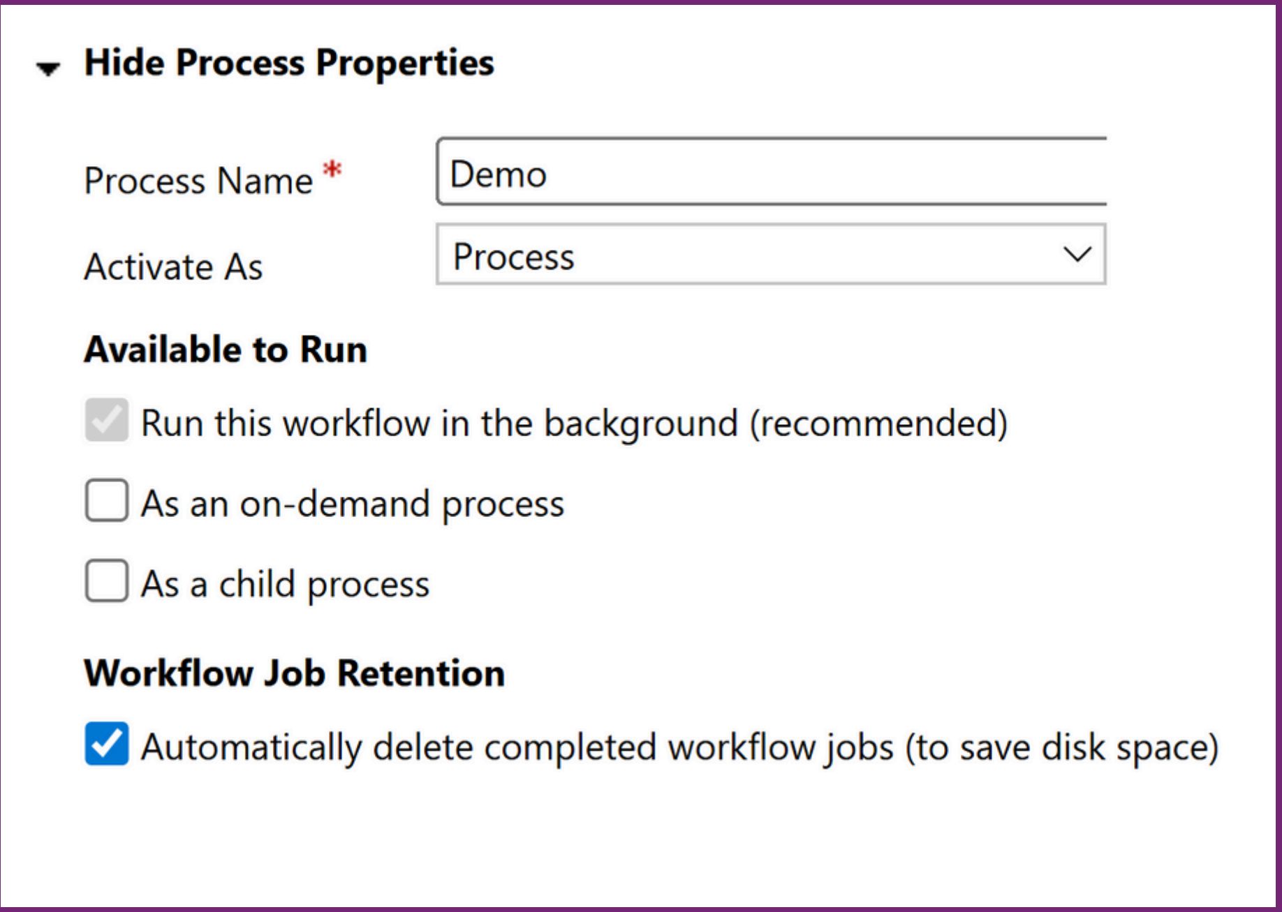 Workflow properties dialog with name, category, availability, and execution context settings
