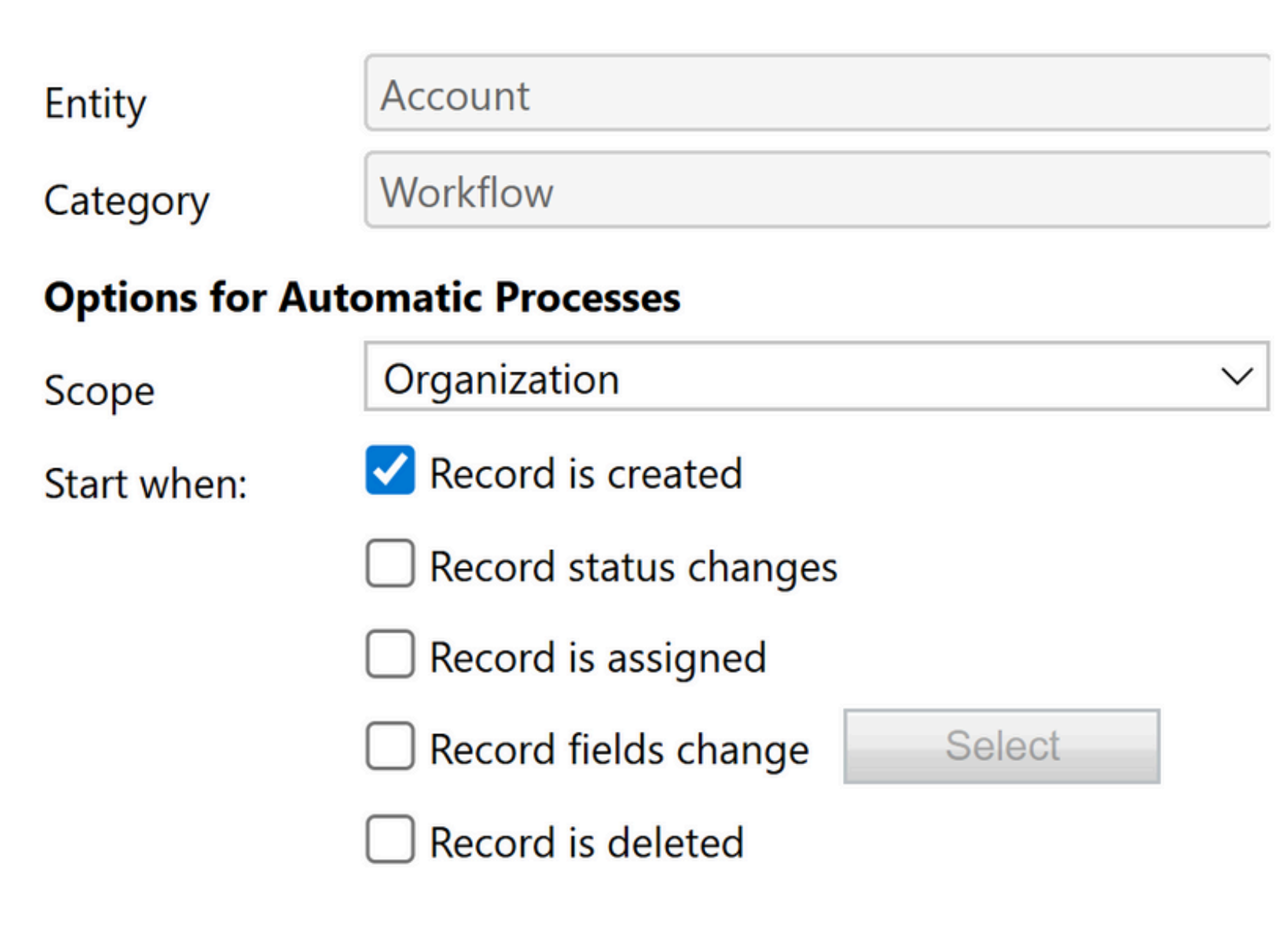 Entity scope and trigger configuration options in workflow settings