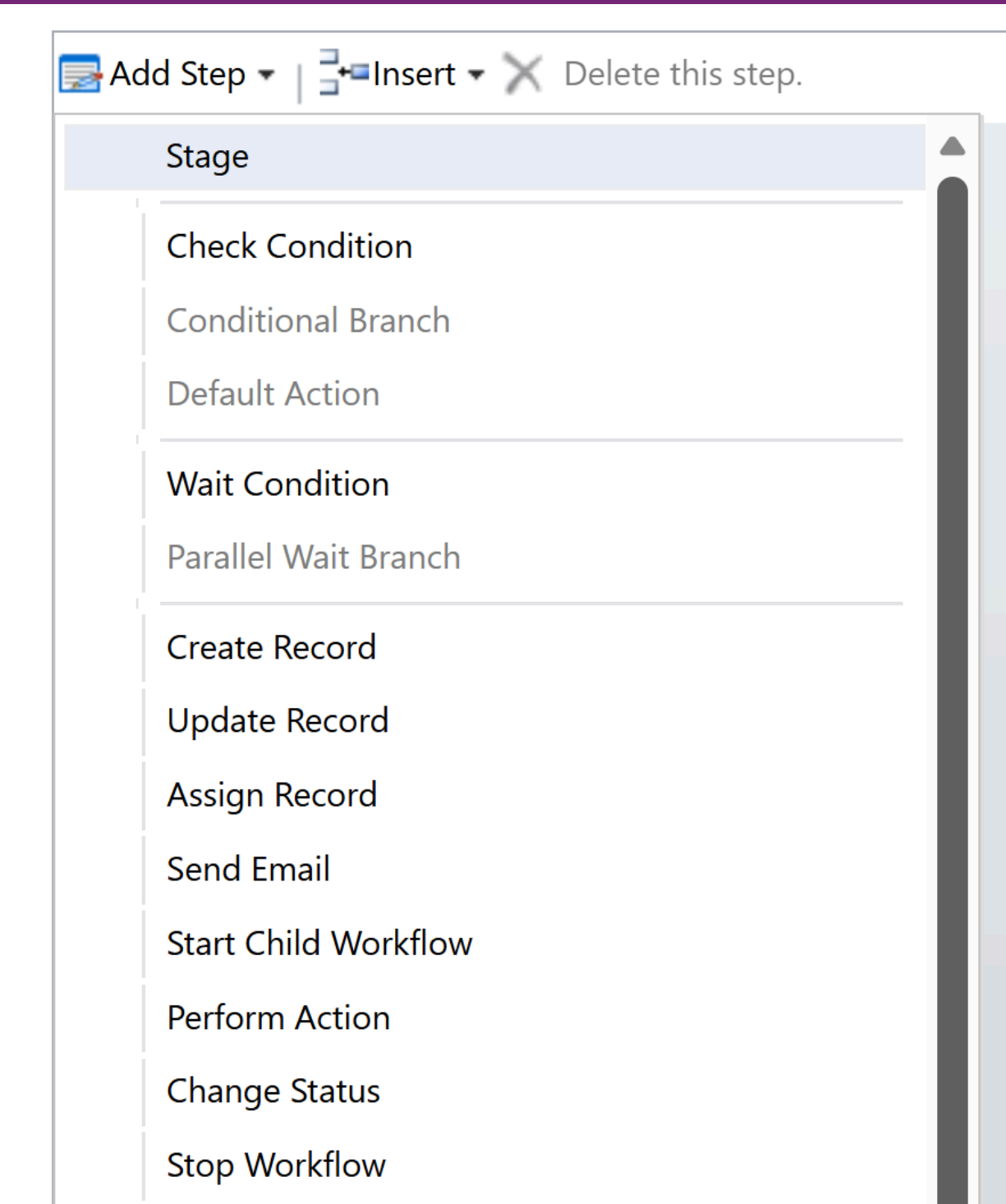 Library of available workflow steps including update record, create record, assign, and change status