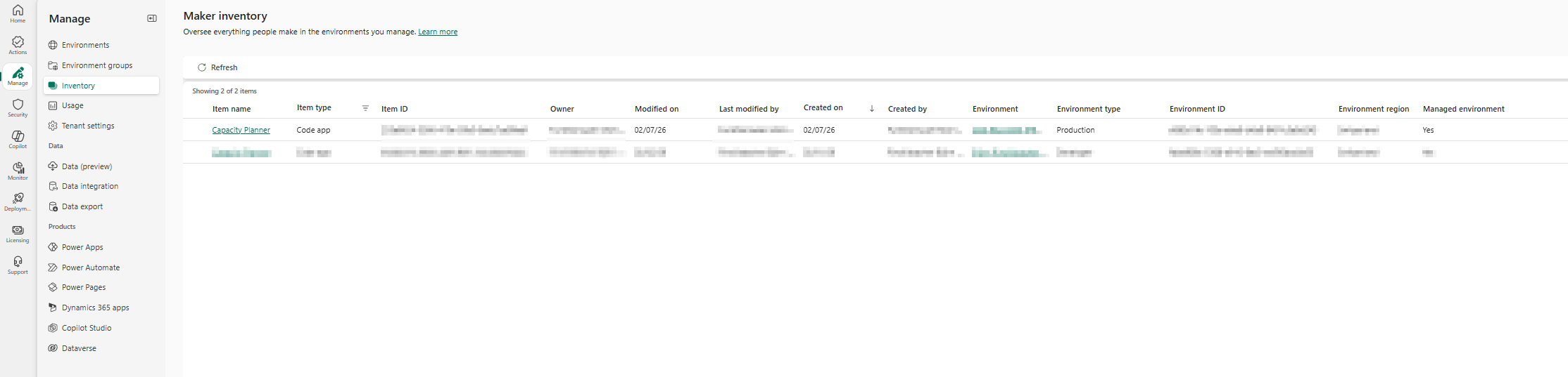 Maker inventory in the Power Platform Admin Center listing Code app items