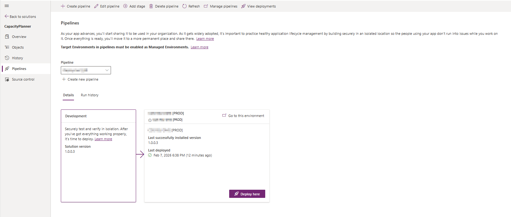 Power Platform Pipelines deploying the CapacityPlanner solution from development to production