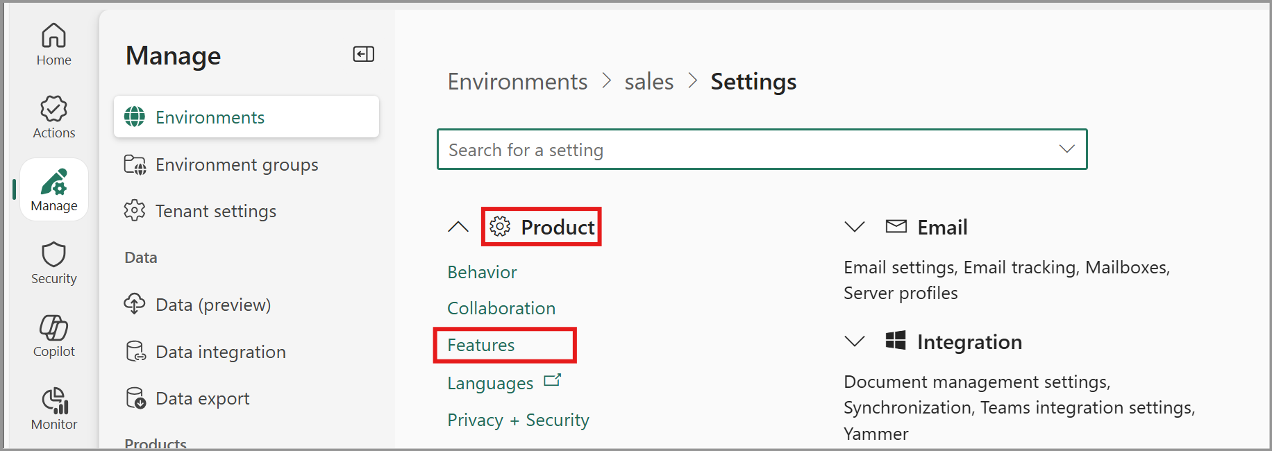 Navigating to Settings, Product, Features in the Power Platform Admin Center