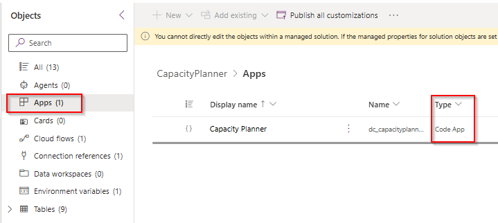 Solution objects showing the Capacity Planner app with type Code App