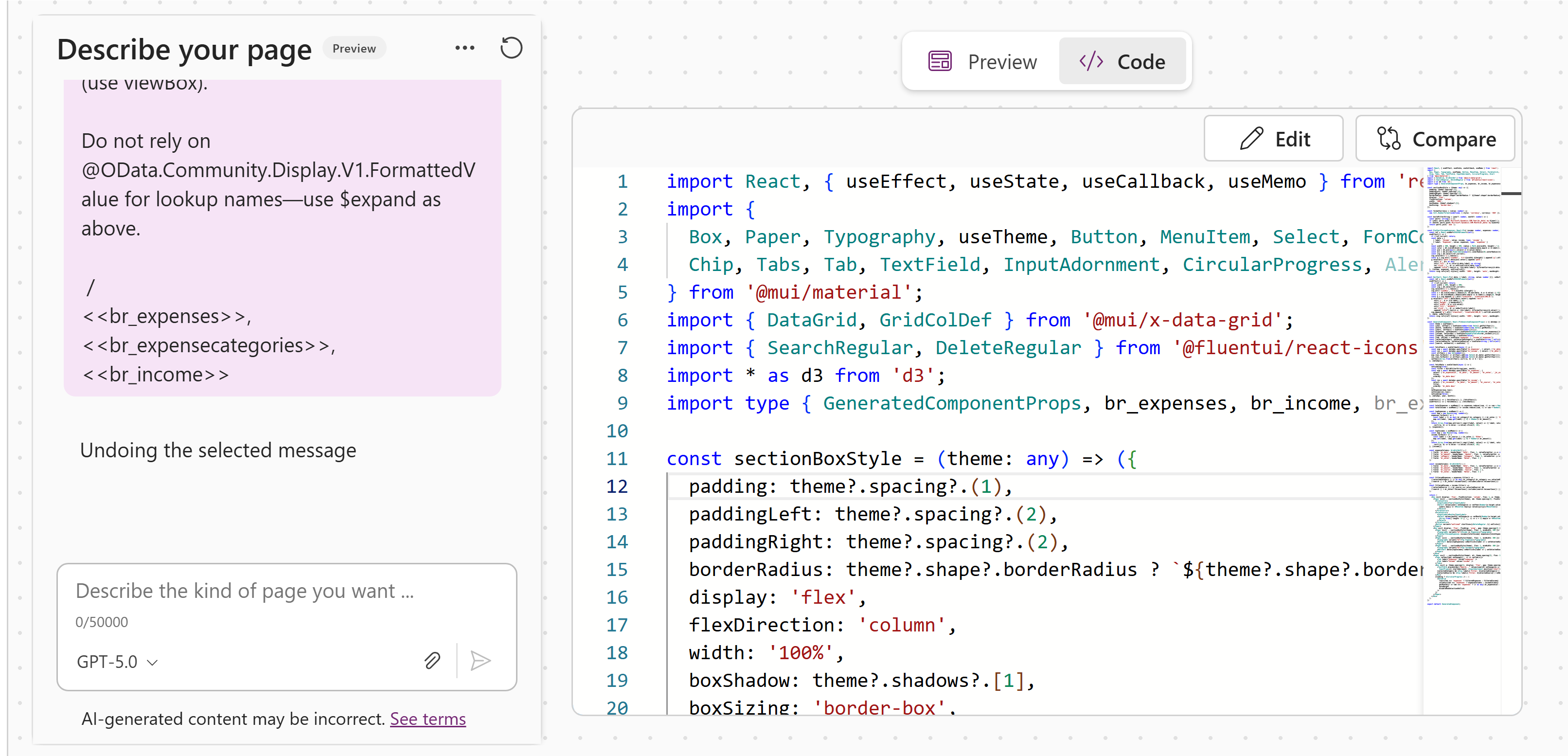 Generative Pages: code editor opened